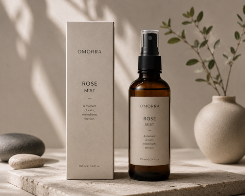 Omorra Rose Mist bottle and box with a ceramic vase