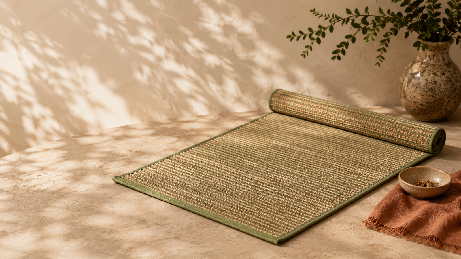 Green-trimmed woven Kusha mat, half rolled, on travertine
