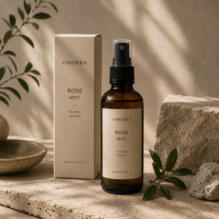 Omorra Rose Mist bottle and box on a stone surface