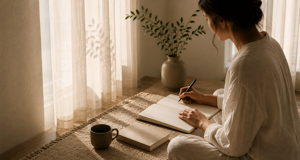 A woman writing in a journal by a sunlit window