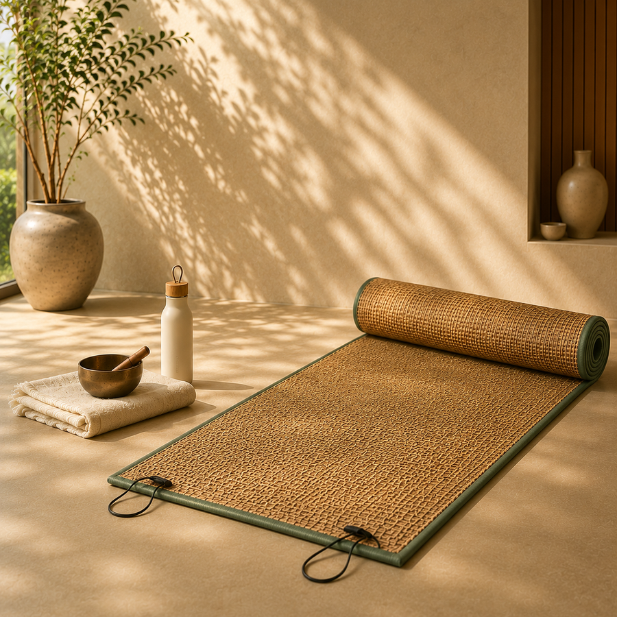 Rolled woven Kusha practice mat with a bottle and singing bowl