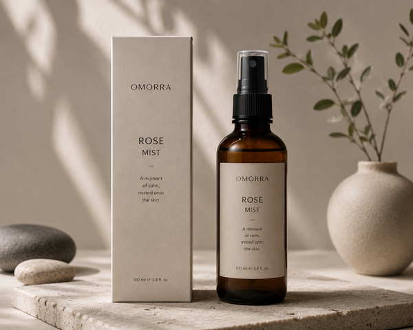 Omorra Rose Mist bottle and box with a ceramic vase