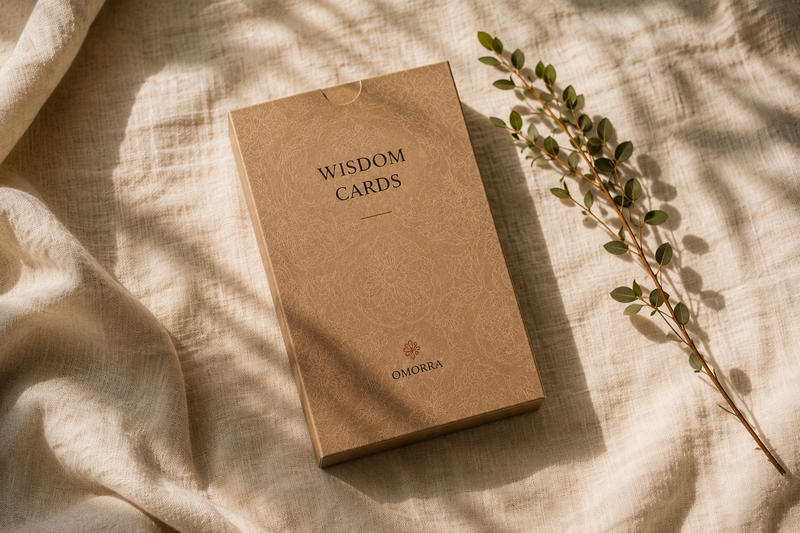 Omorra Wisdom Cards box on linen with a eucalyptus sprig